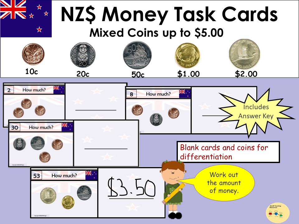 new zealand money adding money giving change worksheets task cards bundle teaching resources
