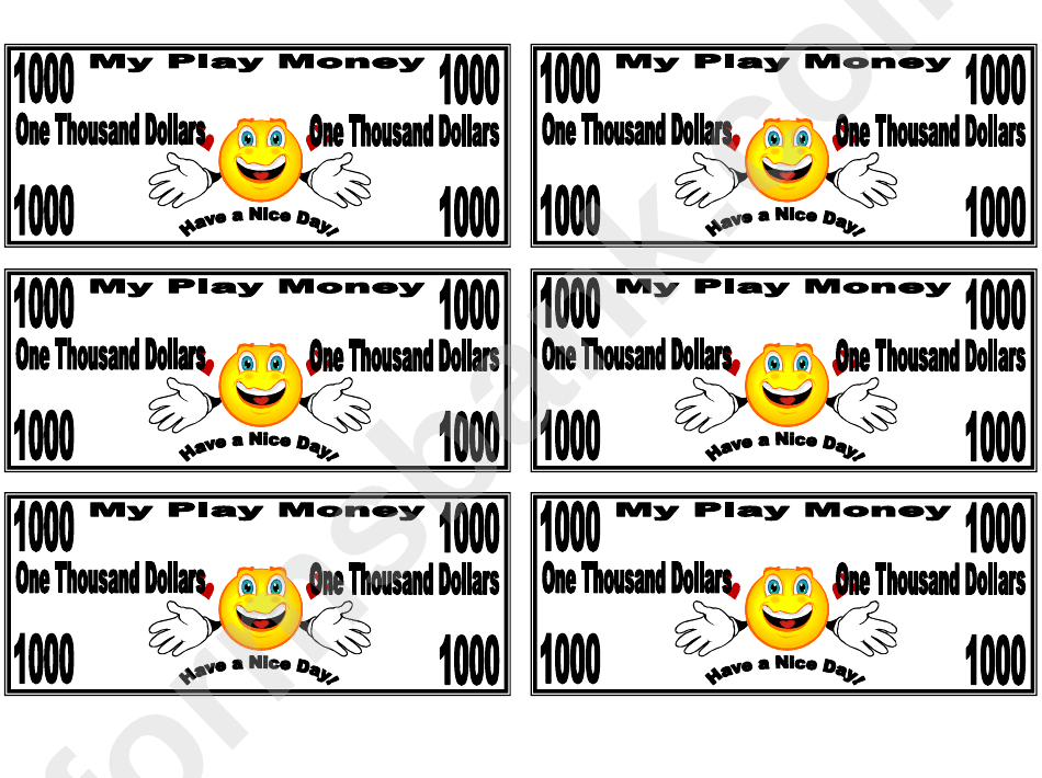 1000 dollar play money template printable pdf download