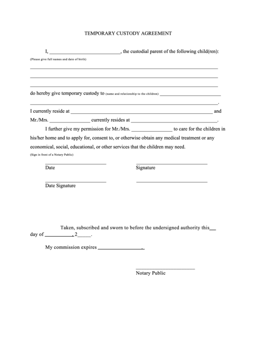 temporary custody agreement printable pdf download