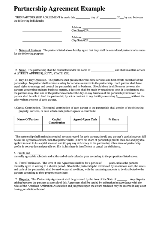A general partnership agreement is the main document defining how a partnership will function, how decisions will be made, and each partner's role in the business. Partnership Agreement Example Printable Pdf Download