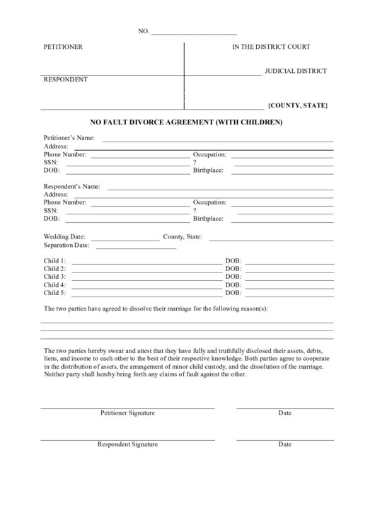 no fault divorce agreement template with children printable pdf download