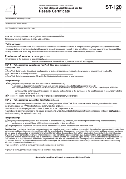 The best way to handle any tax form is to take it a step at a time. Fillable Form St-120 - Resale Certificate printable pdf