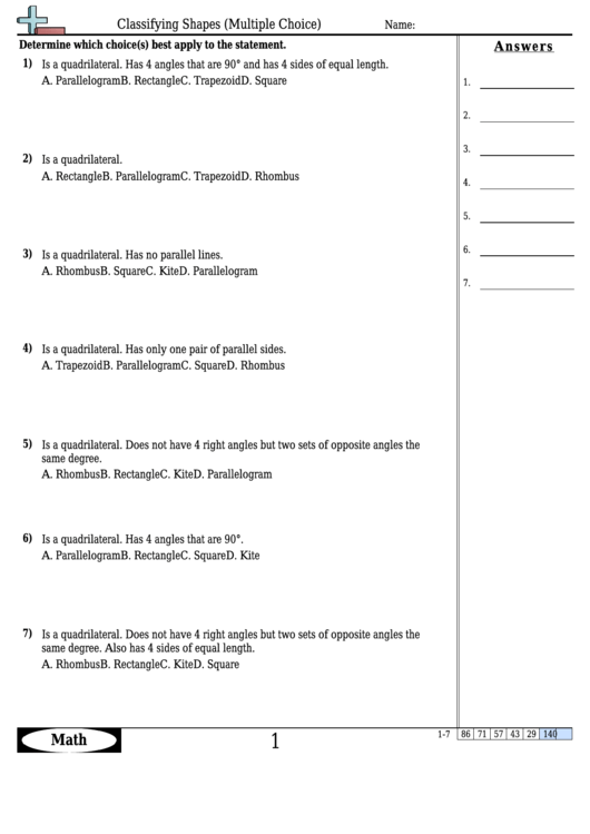 classifying shapes multiple choice geometry worksheet with answers