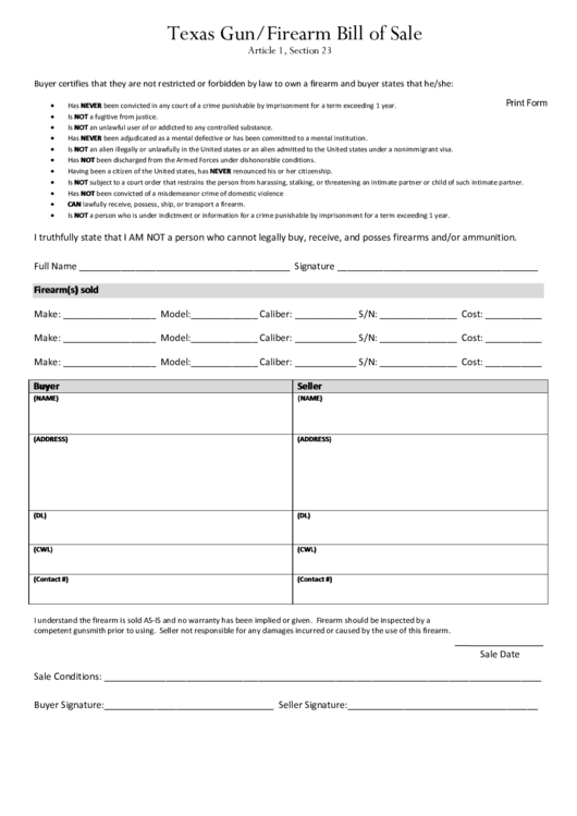 fillable texas gunfirearm bill of sale printable pdf download