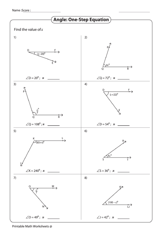 Be sure to scroll down and check them out after reading the . Angle One Step Equation Worksheet Printable Pdf Download
