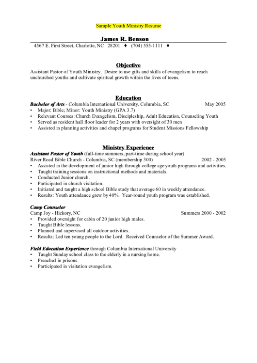 This article gives examples in each category. Sample Youth Ministry Resume printable pdf download