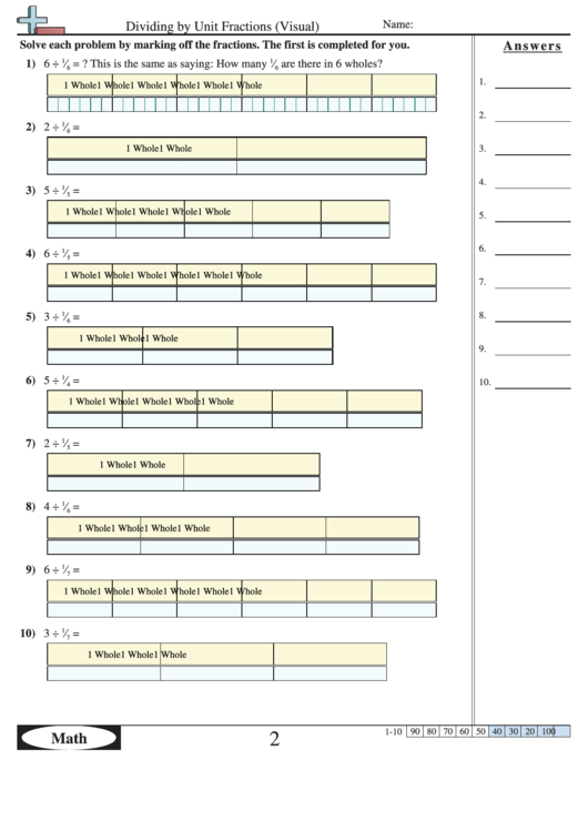 dividing by unit fractions visual worksheet with answer key printable