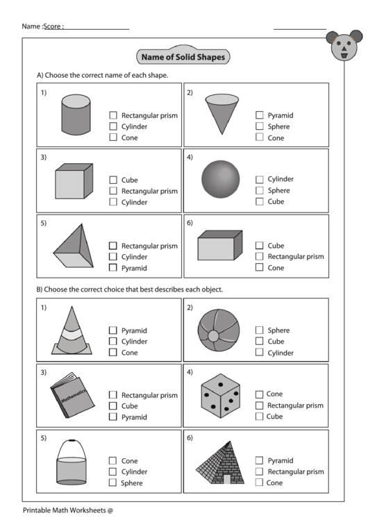 name of solid shapes worksheet with answer key printable