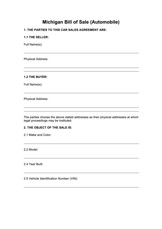 fillable michigan bill of sale automobile printable pdf download