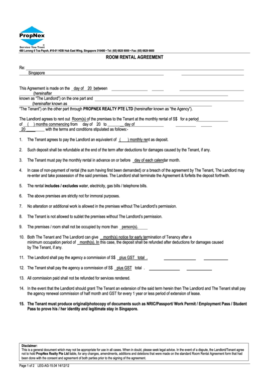 room rental agreement template propnex realty pte ltd printable pdf