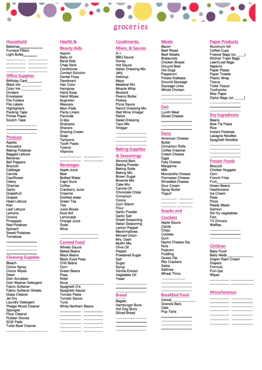 grocery list template printable pdf download