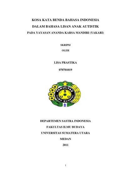 Kosa Kata Benda Bahasa Indonesia Dalam Bahasa Lisan Anak Autistik Pada  Yayasan Ananda Karsa Mandiri (YAKARI)
