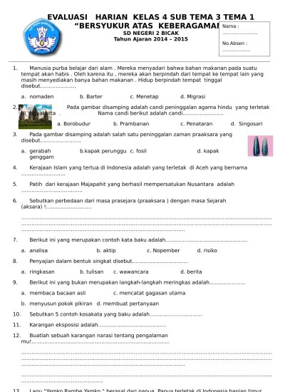 EVALUASI HARIAN KELAS 4 SUB TEMA 3 TEMA