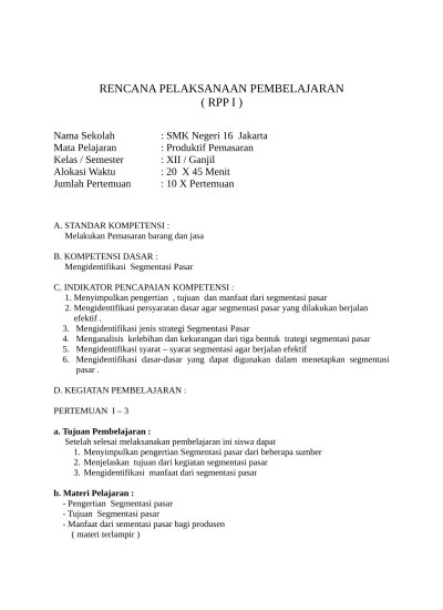 RPP Pemasaran barang dan jasa klas XII P
