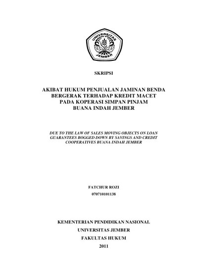 AKIBAT HUKUM PENJUALAN JAMINAN BENDA BERGERAK TERHADAP KREDIT MACET PADA  KOPERASI SIMPAN PINJAM BUANA INDAH JEMBER