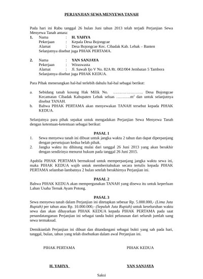 124. Contoh Surat Resmi Perjanjian Sewa Menyewa Tanah Bangunan Format Word