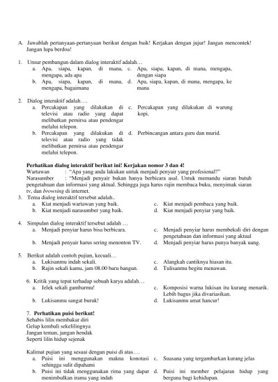 Kumpulan bank latihan soal sma kelas 10 semua pelajaran disertai dengan kunci jawaban dan pembahasan untuk ujian penilaian akhir semester (pas) ganjil . Top Pdf Soal Latihan Uas Mts Kelas 9 Lengkap Semua Mata Pelajaran Uas 1 B Indo 9 123dok Com