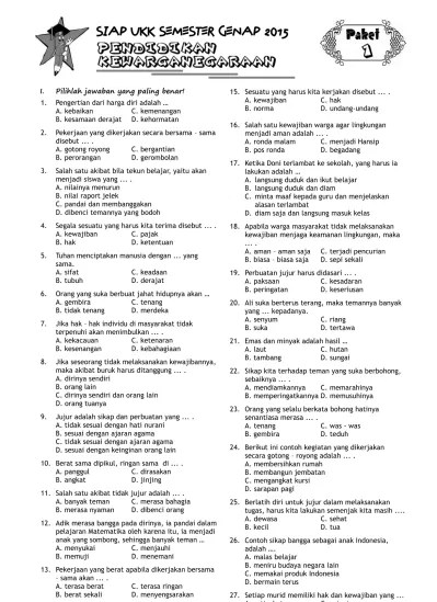 Tahukah kamu kewajiban dan hakmu di rumah? Top Pdf 30 Paket Lebih Soal Semester Genap Kelas 3 Dan 5 Sd Pkn 3 Paket 1 123dok Com
