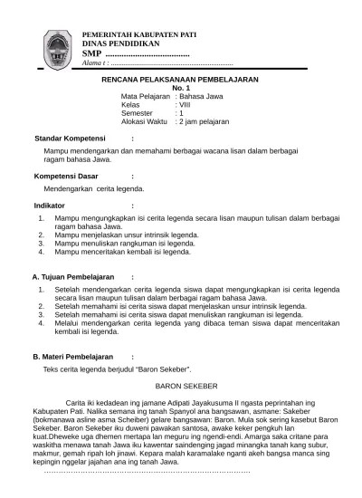 Perangkat Pembelajaran SMP Lengkap Format Words rpp jawa 8 sem 1