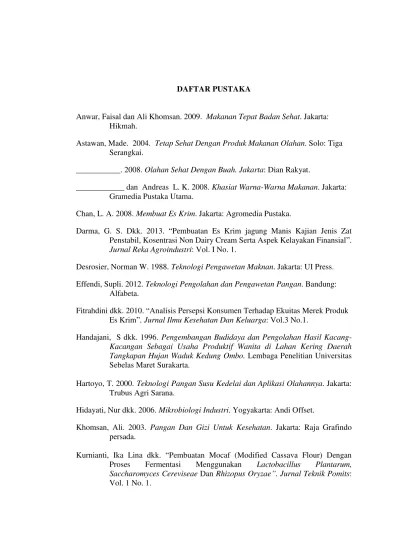 DAFTAR PUSTAKA Anwar, Faisal dan Ali Khomsan. 2009. Makanan Tepat Badan  Sehat. Jakarta: Inovasi Es Krim Tape Sukun Dengan Penambahan Sari Koro  Pedang Dan Bit Sebagai Pewarna Alami.