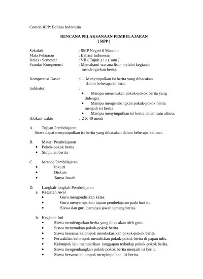 Guru menyajikan materi struktur, ciri kebahasaan , dan contoh teks deskripsi dalam. Top Pdf 03d Contoh Rpp Bhs Indonesia Smp 123dok Com