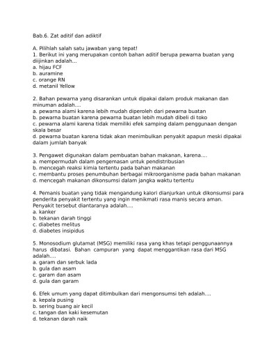 Soal Ulangan Zat Aditif dan Adiktif Zat aditif