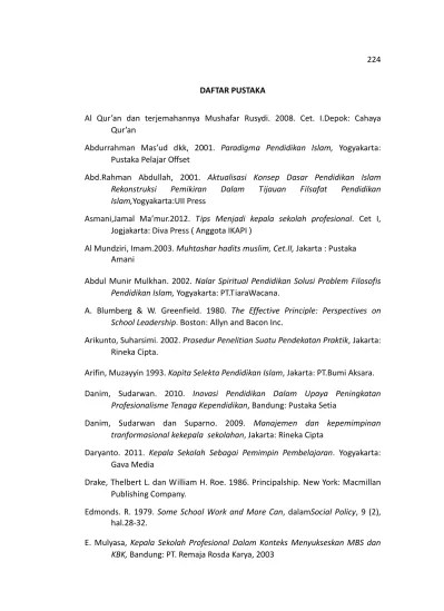 DAFTAR PUSTAKA Kepemimpinan Kepala Sekolah Dalam Pengembangan Lembaga  Pendidikan Islam Sekolah Kreatif SD Muhtadin (SD Muhammadiyah Kota Madiun).