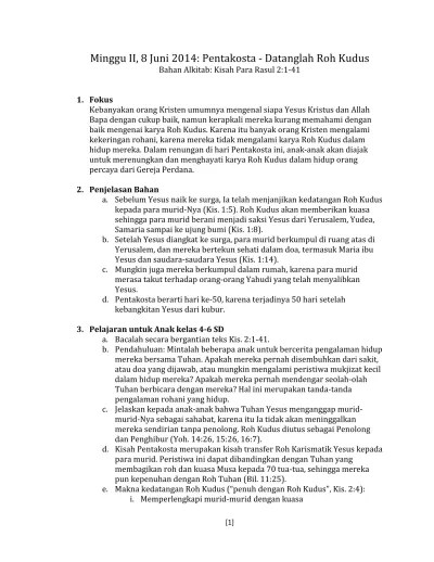Bahan ajar sekolah minggu: Pentakosta - Datanglah Roh Kudus