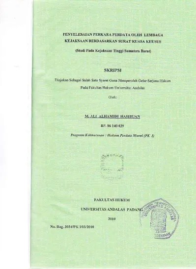 Top PDF Penyelesaian Perkara Perdata oleh Lembaga Kejaksaan Berdasarkan  Surat Kuasa Khusus (Studi Pada Kejaksaan Tinggi Sumatera Barat). -  123dok.com
