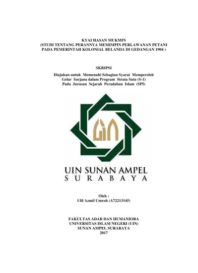 Kyai Hasan Mukmin: studi tentang perannya memimpin perlawanan petani pada  pemerintah Kolonial Belanda di Gedangan 1904.