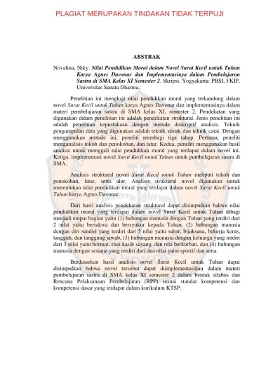 ANALISIS UNSUR INTRINSIK DAN EKSTRINSIK NOVEL SURAT KECIL UNTUK TUHAN KARYA  AGNES DAVONAR SEBAGAI SUMBANGAN MATERI BAGI PENGAJARAN SASTRA -