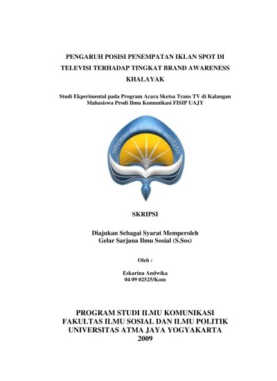 PENGARUHTELEVISI TERHADAP PENGARUH POSISI PENEMPATAN IKLAN SPOT DI TELEVISI  TERHADAP TINGKAT BRAND AWARENESS KHALAYAK.