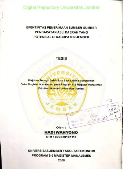 Top PDF EFEKTIFITAS PENERIMAAN SUMBER-SUMBER PENDAPATAN ASLI DAERAH YANG  POTENSIAL DI KABUPATEN JEMBER - 123dok.com