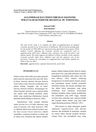 AGLOMERASI DAN PERTUMBUHAN EKONOMI: PERAN KARAKTERISTIK REGIONAL DI  INDONESIA | Sodik | JESP: Jurnal Ekonomi &amp; Studi Pembangunan 1514 4165 1 SM