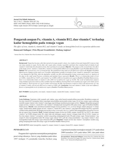 Top PDF Pengaruh asupan Fe, vitamin A, vitamin B12, dan vitamin C terhadap  kadar hemoglobin pada remaja vegan | Siallagan | Jurnal Gizi Klinik  Indonesia 22921 45720 1 PB - 123dok.com