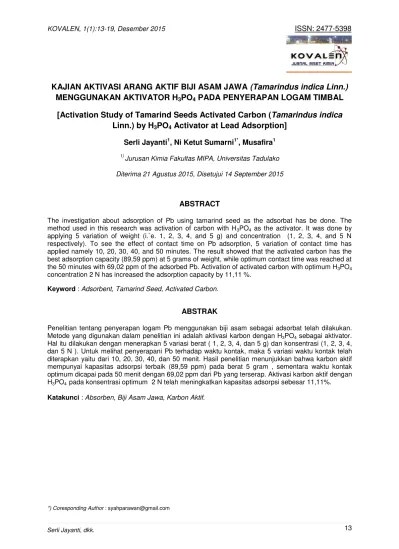 KAJIAN AKTIVASI ARANG AKTIF BIJI ASAM JAWA (Tamarindus indica Linn.)  MENGGUNAKAN AKTIVATOR H3PO4 PADA PENYERAPAN LOGAM TIMBAL | Jayanti |  KOVALEN 5097 16669 2 PB