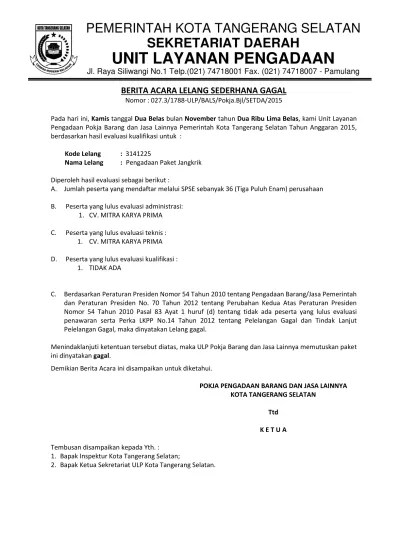LPSE Kota Tangerang Selatan BA Lelang Gagal