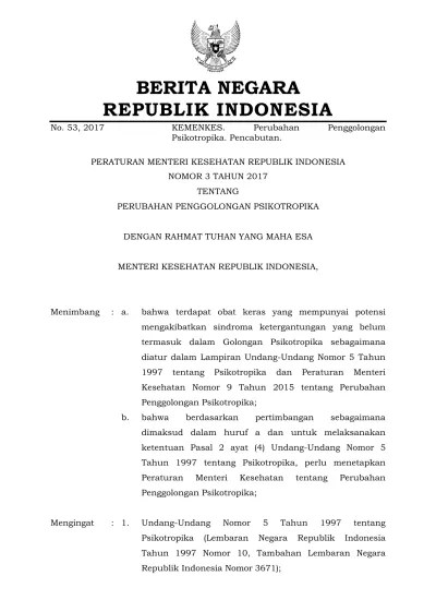 PERMEN KEMENKES Nomor 3 Tahun 2017 PERUBAHAN PENGGOLONGAN PSIKOTROPIKA