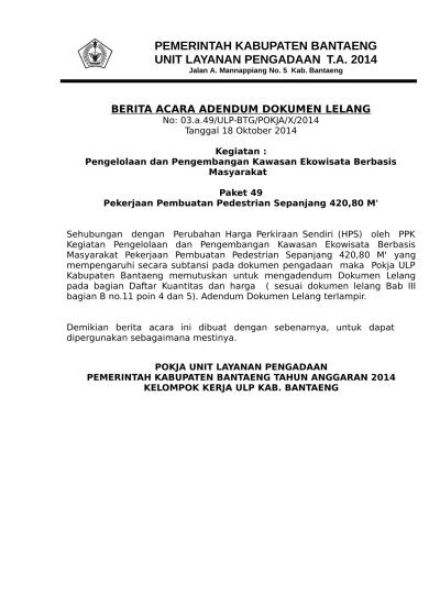BERITA ACARA ADENDUM DOKUMEN LELANG