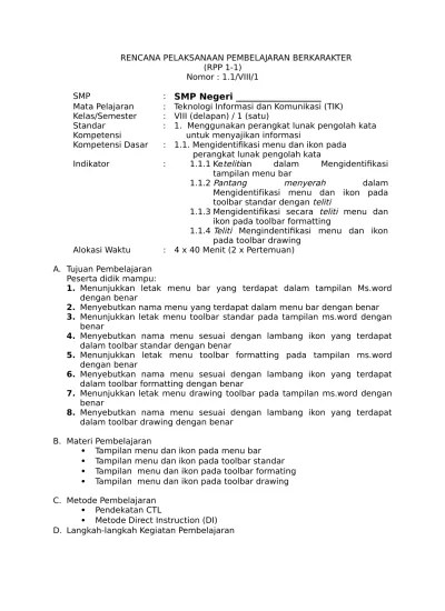 Top PDF PERANGKAT PEMBELAJARAN TIK KELAS 8 SEMESTER 1 - Al-Maududy 11. RPP TIK  8 1 - 123dok.com