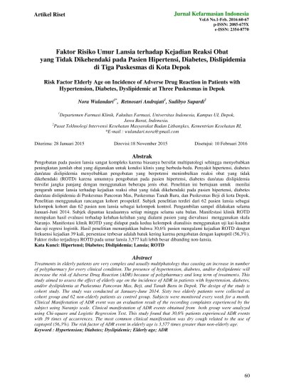 Faktor Risiko Umur Lansia Terhadap Kejadian Reaksi Obat Yang Tidak  Dikehendaki Pada Pasien Hipertensi, Diabetes, Dislipidemia Di Tiga  Puskesmas Di Kota Depok