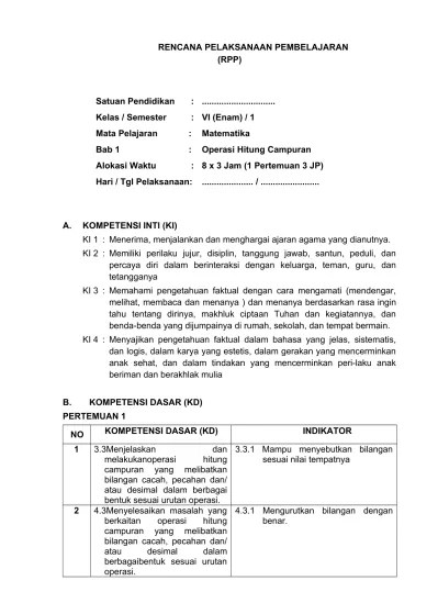 Selain itu, dalam perencanaan pembelajaran juga dilakukan . Top Pdf Rpp Matematika Kelas 6 Sd Kurikulum 2013 Semester 1 Revisi Tahun 2018 123dok Com