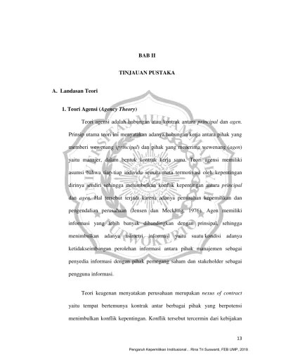 BAB II TINJAUAN PUSTAKA A. Landasan Teori 1. Teori Agensi (Agency Theory) -  PENGARUH KEPEMILIKAN INSTITUSIONAL, UKURAN PERUSAHAAN, DAN KEBIJAKAN HUTANG  TERHADAP AGENCY COST (Studi Empiris Pada Perusahaan Manufaktur Sektor  Barang Konsumsi