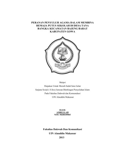 Peranan Penyuluh Agama dalam Membina Remaja Putus Sekolah di Desa Tana  Bangka Kecamatan Bajeng Barat Kabupaten Gowa - Repositori UIN Alauddin  Makassar
