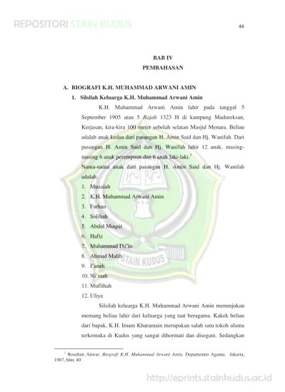 BAB IV PEMBAHASAN A. BIOGRAFI K.H. MUHAMMAD ARWANI AMIN 1. Silsilah  Keluarga K.H. Muhammad Arwani Amin - TELAAH KITAB FAIDH AL-BARAKÂT FÎ SAB&rsquo;I  QIRÂAT KARYA K.H. MUHAMMAD ARWANI AMIN - STAIN Kudus