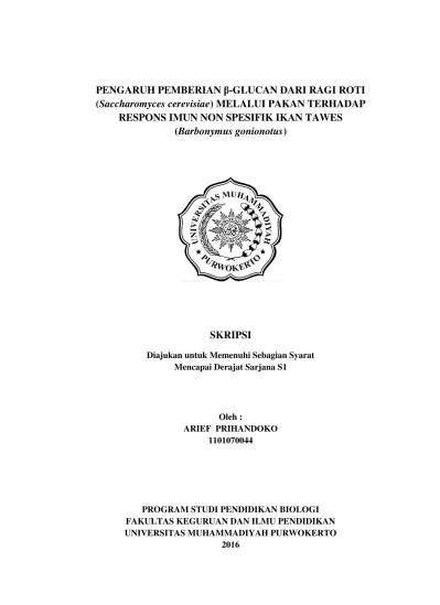 Top PDF PENGARUH PEMBERIAN β-GLUCAN DARI RAGI ROTI (Saccharomyces  cerevisiae) MELALUI PAKAN TERHADAP RESPONS IMUN NON SPESIFIK IKAN TAWES  (Barbonymus gonionotus) - 123dok.com