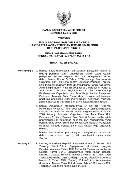 QANUN KABUPATEN ACEH SINGKIL NOMOR 3 TAHUN 2012