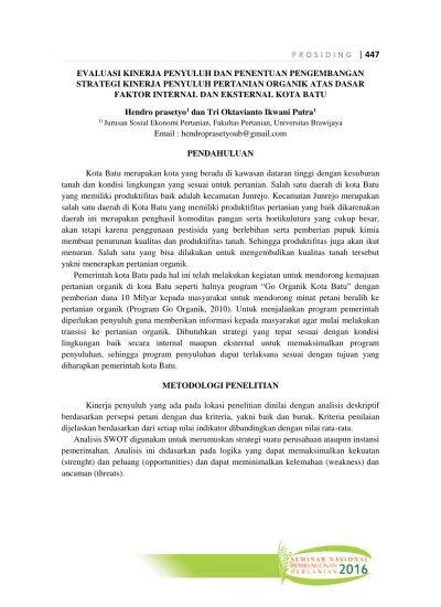 EVALUASI KINERJA PENYULUH DAN PENENTUAN PENGEMBANGAN STRATEGI KINERJA  PENYULUH PERTANIAN ORGANIK ATAS DASAR FAKTOR INTERNAL DAN EKSTERNAL KOTA  BATU