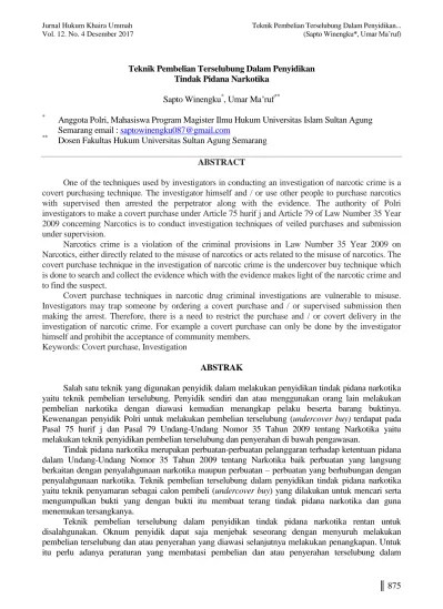 Teknik Pembelian Terselubung Dalam Penyidikan Tindak Pidana Narkotika.  Sapto Winengku *, Umar Ma ruf **