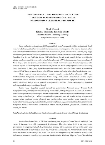 Pengaruh Pertumbuhan Ekonomi dan UMP terhadap Kemiskinan di Jawa Tengah PRA  dan Pasca Desentralisasi Fiskal